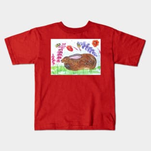 Hare reposing among Flowers and Bumble bees Kids T-Shirt